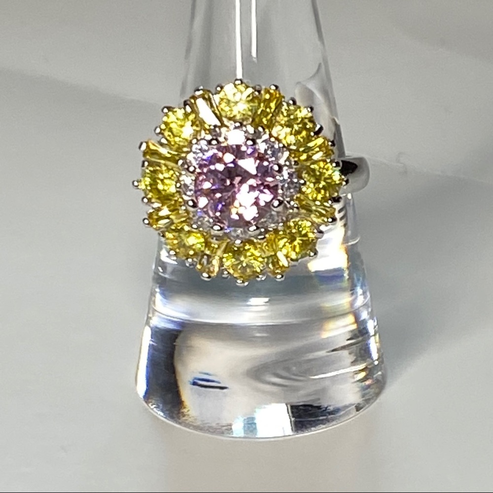 Flowered yellow and pink stone 925 ring